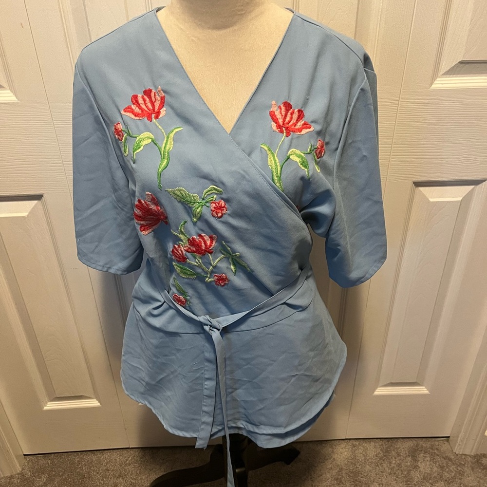 ASOS Size 18 Floral Embroidered Blue Wrap Top